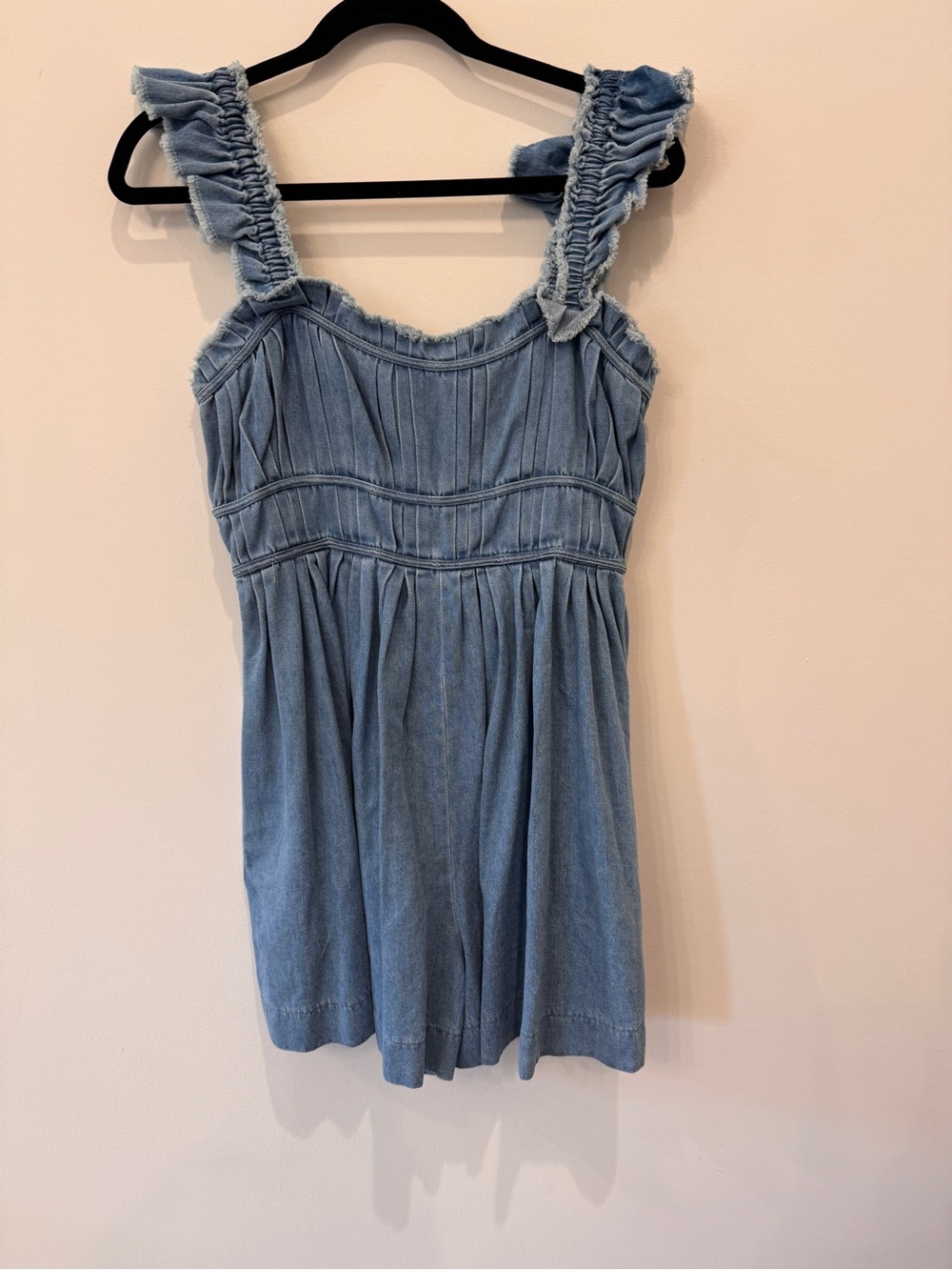 Peach Love California Light Blue Denim Romper with Ruffled Straps